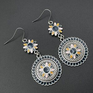 Silver with Blue Pink and Orange Enamel Dangling Boho Flower Drop Hook Earrings